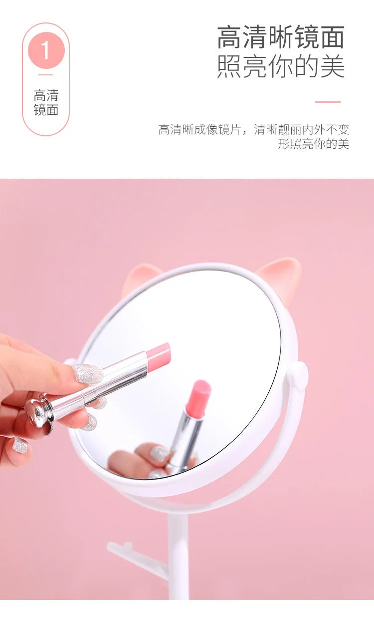 CX226  Makeup Mirror Table Desktop Countertop Base Use for Bathroom Travel Ordinary Pink Cat Ear Mirror