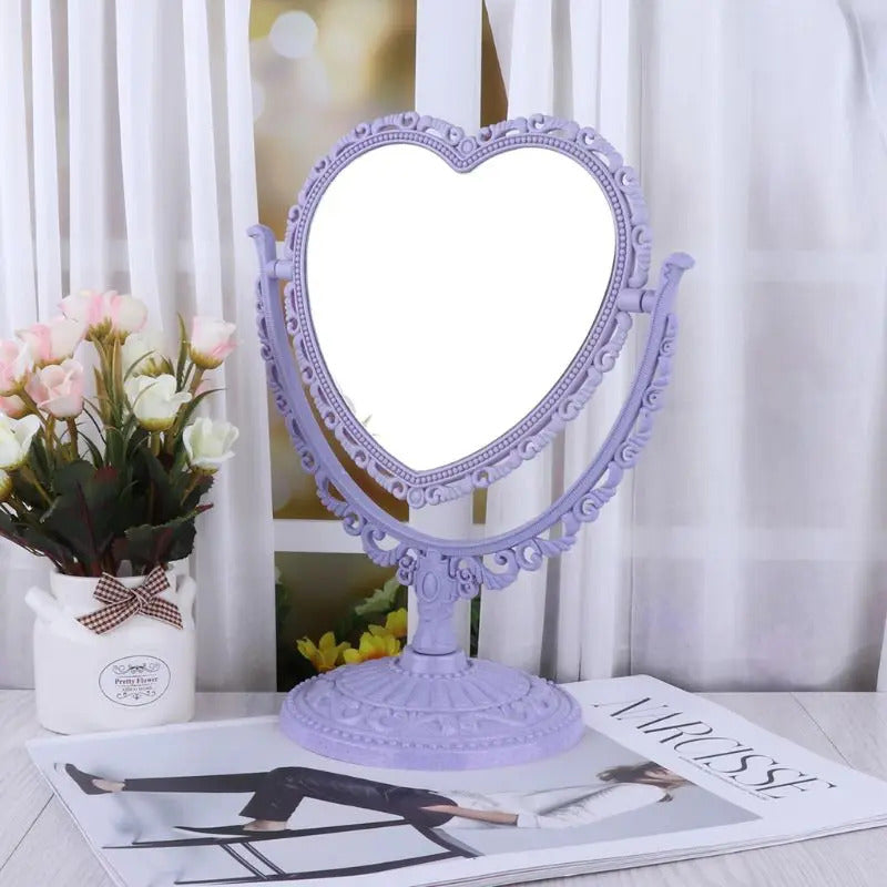 CX130 2Sides Heart-shaped Makeup Mirror Rotatable Stand Table Compact Mirror Dresser