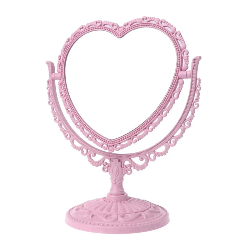 GU446  2Sides Heart-shaped Makeup Mirror Rotatable Stand Table Compact Mirror Dresser U2JD
