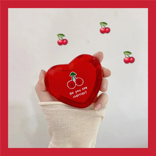SET68 Heart Shaped Cherry Mini Makeup Mirror Compact Pocket Mirror Portable Double-Sided Folding Cosmetic Mirror Women Gifts
