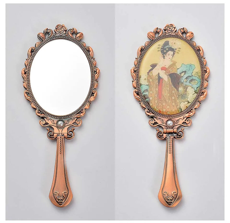 DSHOU25 Handle Mirror Folding Chinese Tang Dynasty Character Comb Suit Retro Portable Makeup Mirror
