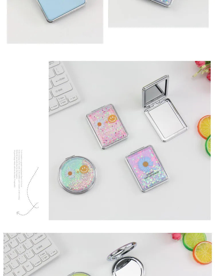 CX311 Double-sided Makeup Mirror Portable Quicksand Sequins Daisy Pattern Cute Girl's Gift Hand Mirror Pocket 2-face Makeup Mirro