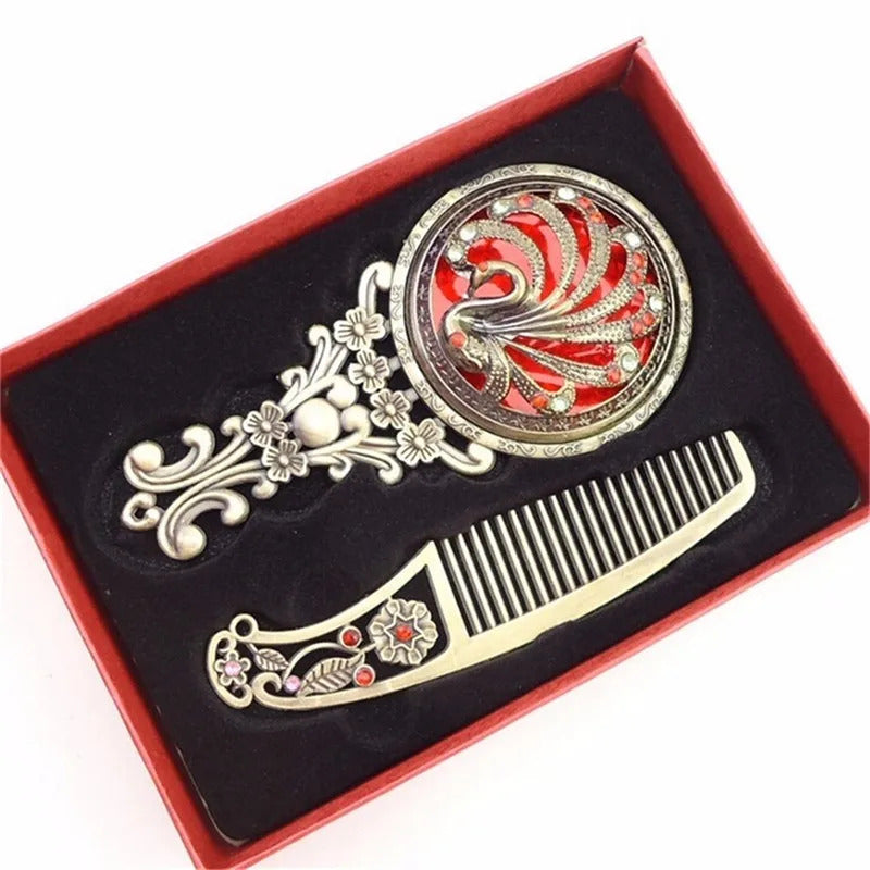 CX69 Women Chic Retro Vintage pocket Mirror Compact Makeup Mirrors Comb Set Hand Make Up Bronze Hollowed-Out Make Up