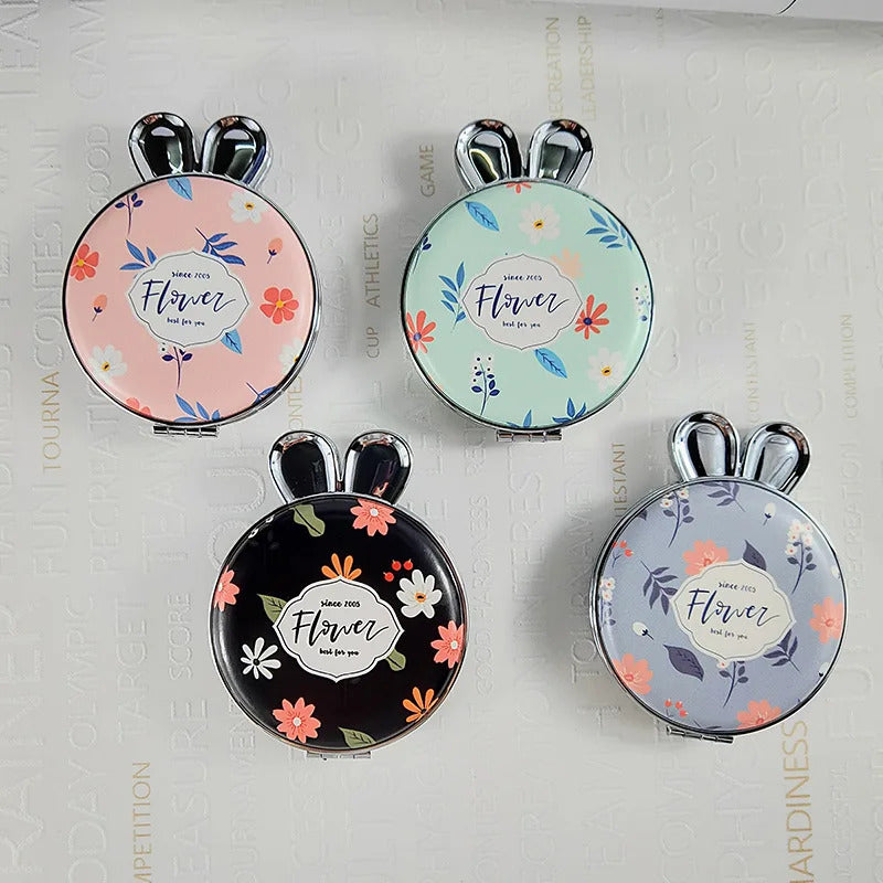 DSHOU259 Flowerr Pattern Portable Double Sided Mirror Rabbit Pocket Makeup Mirror Women Girls Beauty Cosmetic Compact Mirrors