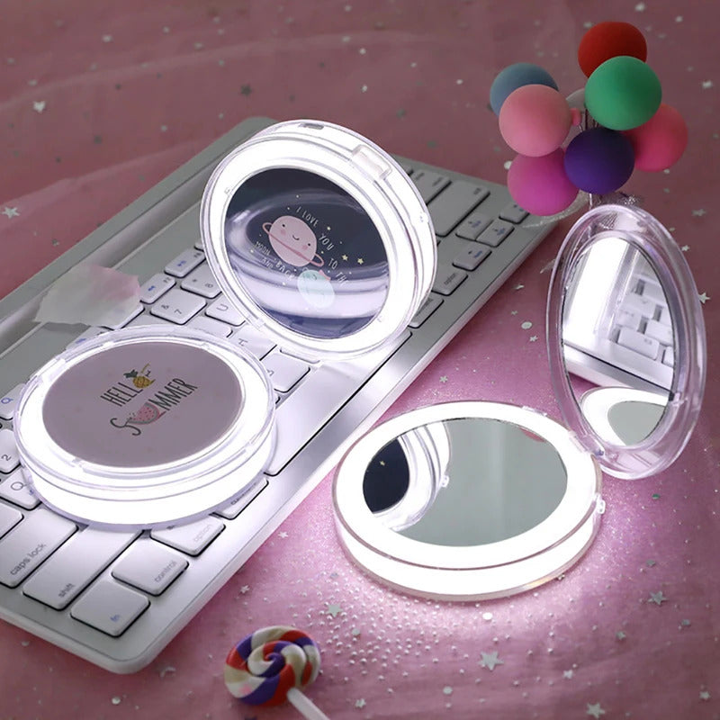 TSHOU659 LED Mini Makeup Mirror Hand Held Fold Small Portable Micro USB Cosmetic Mirror