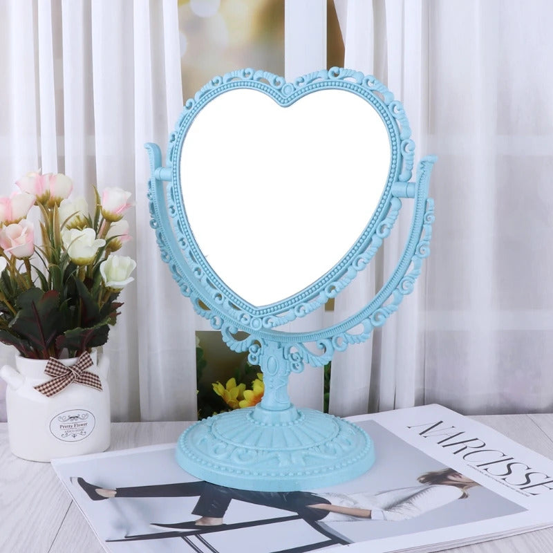 CX130 2Sides Heart-shaped Makeup Mirror Rotatable Stand Table Compact Mirror Dresser