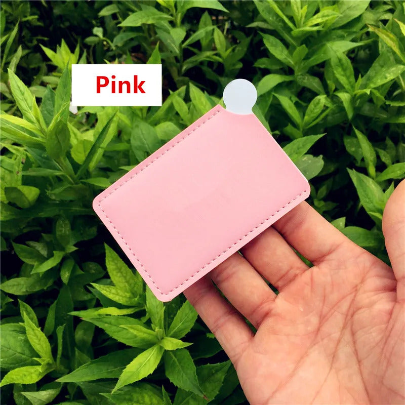 DA25 Portable Mini Shatter Proof Card Style Pocket Cosmetic Mirror PU Leather Cover Stainless Steel Unbreakable Makeup