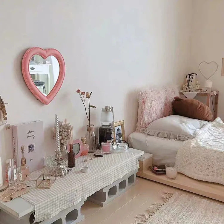 CASHOU42 Mirror Desktop Pink Love Makeup Mirror Wall Mounted Dual-Use Heart-Shaped Hanging Mirror Vanity Mirror Girl Room Wall