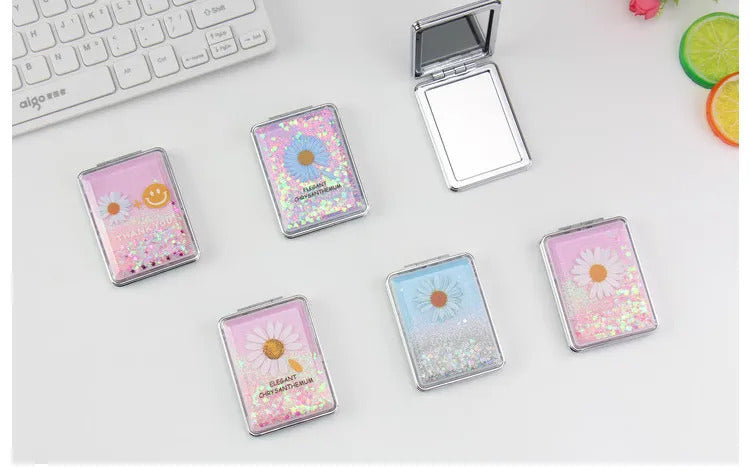 CASHOU137 Double-sided Makeup Mirror Portable Quicksand Sequins Daisy Pattern Cute Girl's Gift Hand Mirror Pocket 2-face Makeup