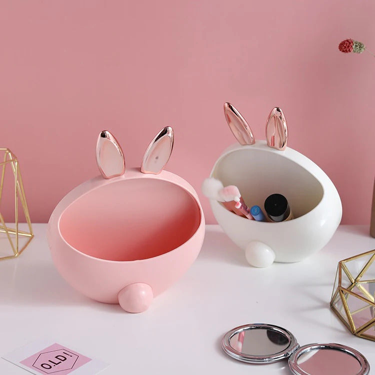 CASHOU29 Round Makeup Mirror with Cosmetic Storage Box Creativity Cute Rabbit Ear Design Make Up Standing Mirror with Brush
