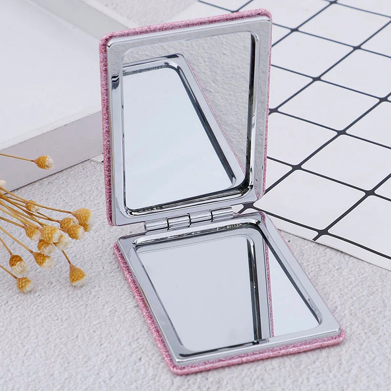 CX411 Double Side Folding Mini Compact Pocket Travel Mirror Pink Portable Square Cute Makeup Mirror Gift For Women Girl 1pc