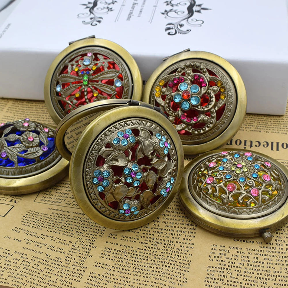 TSHOU875 Foldab Metal Bronze Makeup Mirror Hollow out round  Pocket Mirror Portable Double Sided Retro Style Mirror Makeup Tools
