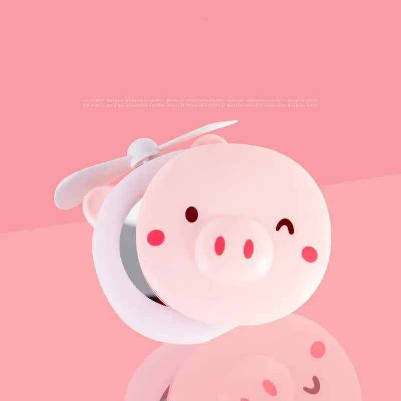 L198 Cartoon Cute Piggy Mini Cosmetic Mirror Compact Portable Pocket Makeup Mirrors Cooling Fan Light Handheld USB Rechargeable