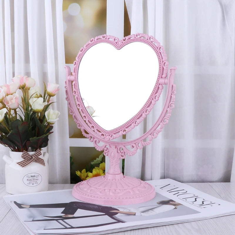 GU446  2Sides Heart-shaped Makeup Mirror Rotatable Stand Table Compact Mirror Dresser U2JD