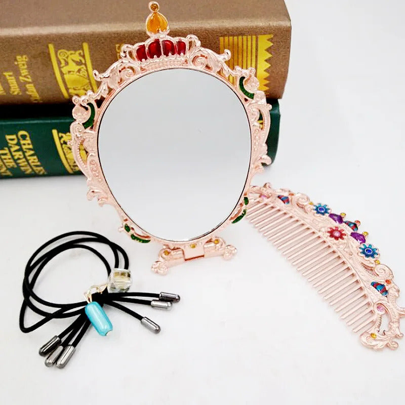 L327 Handle Mirror Comb Retro Euporen 3D Foldable Desktop Princess Mirro with Storage Gift Box Portable Standing Makeup Mirr