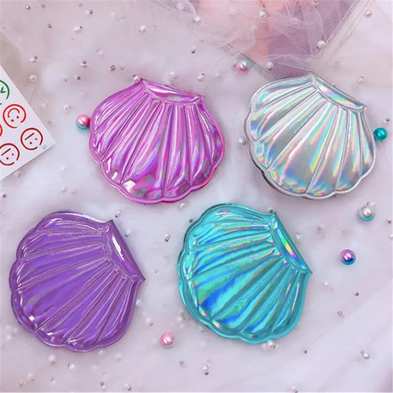 L347 Shell Shape Makeup Mirror 2X Magnifying Mirror Portable Makeup Vanity Foldable Laser Pocket Mirror Cosmetic Hand Compact