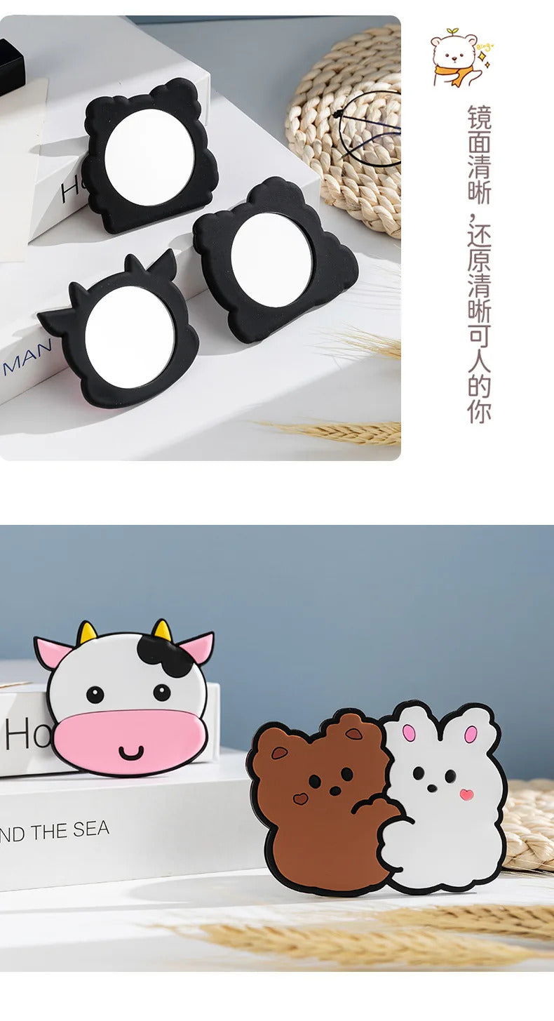 CX715  Portable Cute Mini Mirror Cartoon Little Rabbit Bear Pattern Gift for Little Girls Silicone Purse Mirror