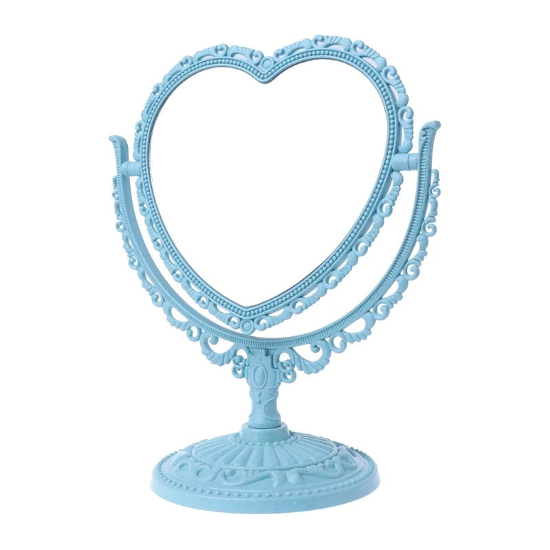GU446  2Sides Heart-shaped Makeup Mirror Rotatable Stand Table Compact Mirror Dresser U2JD