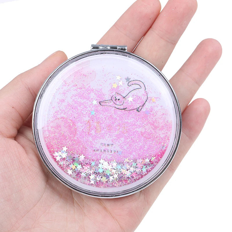 TSHOU921 Double-Sided Folding Cosmetic Mirror Mini Makeup Mirror Compact Pocket Mirror Female Gifts With Flowing Sparkling Sand