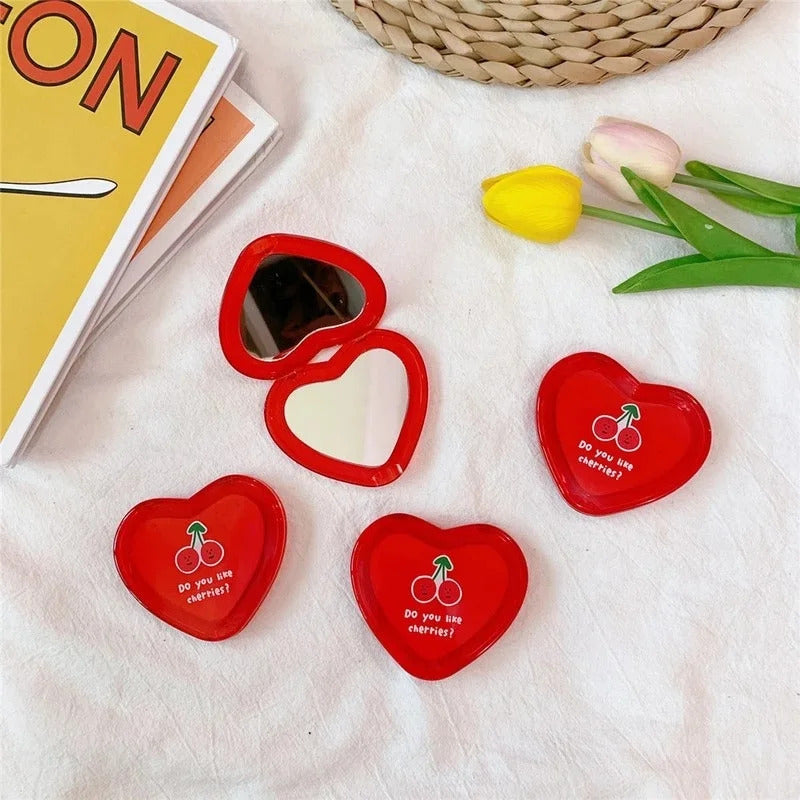 TSHOU517 Portable Double-Sided Folding Cosmetic Mirror Cherry Love Mirror Portable Makeup Mirror Heart Mirror Women Gift Purse