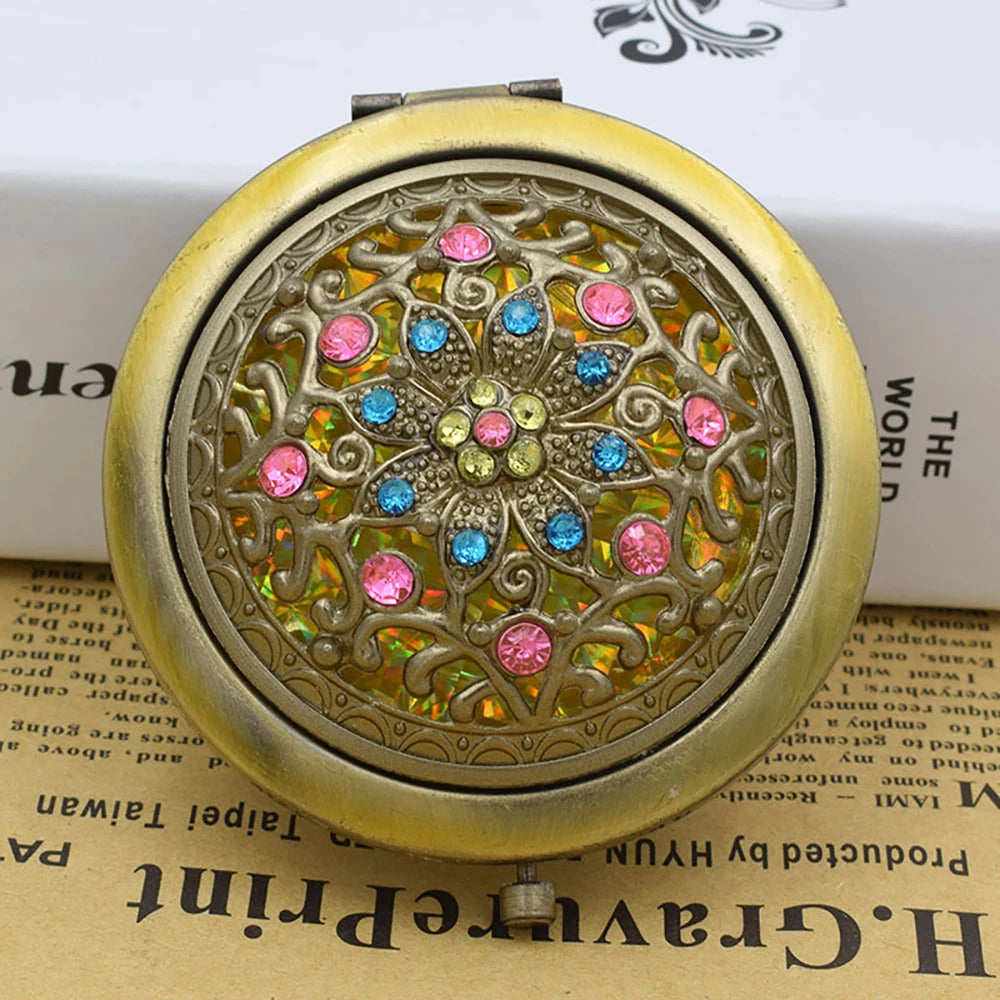 L267 Foldab Metal Bronze Makeup Mirror Hollow out round  Pocket Mirror Portable Double Sided Retro Style Mirror Makeup Tools