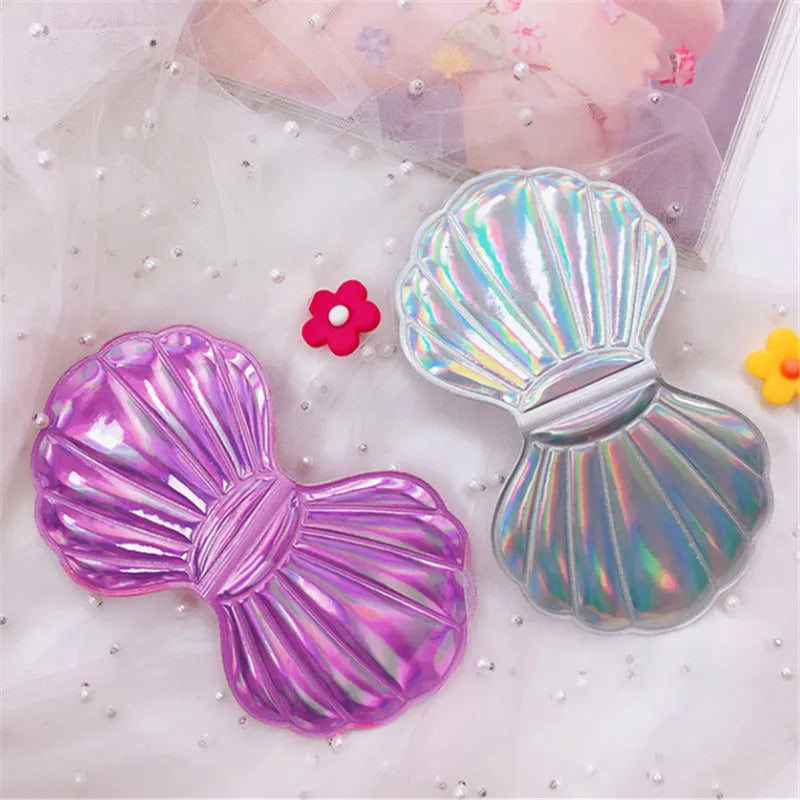 CSHOU392 Shell Shape Makeup Mirror 2X Magnifying Mirror Portable Makeup Vanity Foldable Laser Pocket Mirror Cosmetic Hand Compact