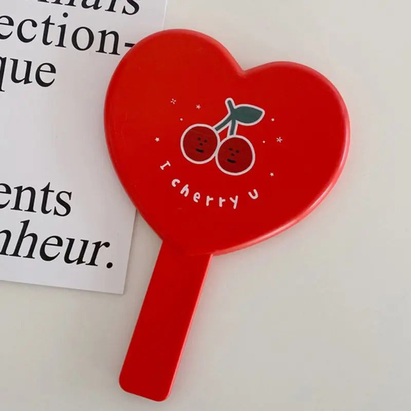 TSHOU536 Heart-Shaped Red Handheld Mirror Cartoon Cherry Vintage Cosmetic Makeup Tool