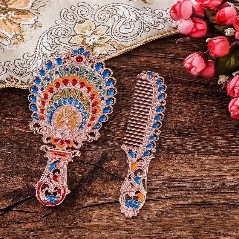 TSHOU1193  Handle Mirror Comb Retro Euporen 3D Portable Standing Makeup Mirror Set Foldable Desktop Princess Mirro with Storage Gift