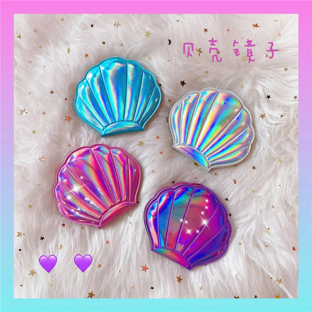 L323 Shell Shape Makeup Mirror 2X Magnifying Mirror Portable Vanity Foldable Laser Travel Pocket Mirror Cosmetic Hand Compac