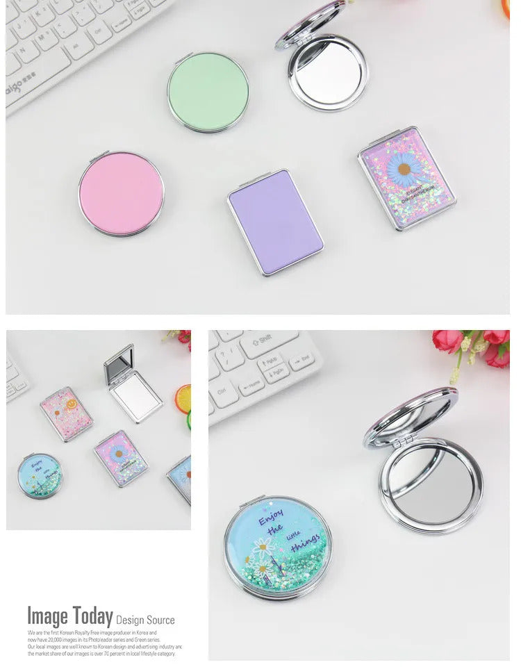 CX682  Double-sided Makeup Mirror Portable Quicksand Sequins Daisy Pattern Cute Girl's Gift Hand Mirror Pocket 2-face Makeup Mirro