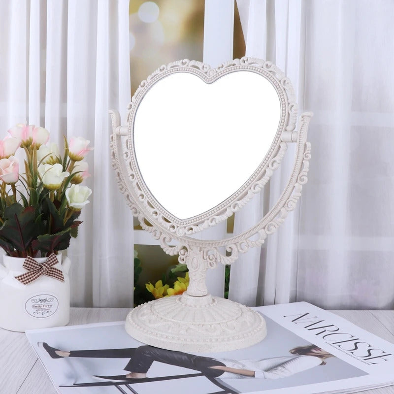 CX130 2Sides Heart-shaped Makeup Mirror Rotatable Stand Table Compact Mirror Dresser