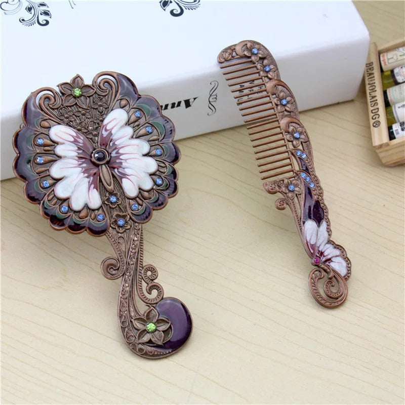 CX427 Portable Makeup Mirror Comb Set Handle Mirror Comb Retro Euporen 3D Butterfly Pattern Princess Mirror with Storage