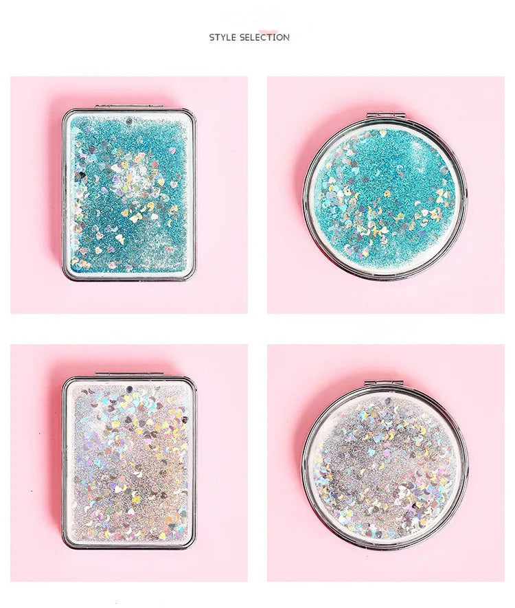 tshou506 Portable Double-Sided Folding Cosmetic Mirror Female Gifts With Flowing Sparkling Sand Mini Makeup Mirror Compact