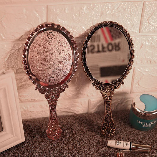 L230 Portable Vintage Mirror Handhold Makeup Mirror Pink Floral Oval Round Cosmetic Hand Held Mirror With Handle For Women