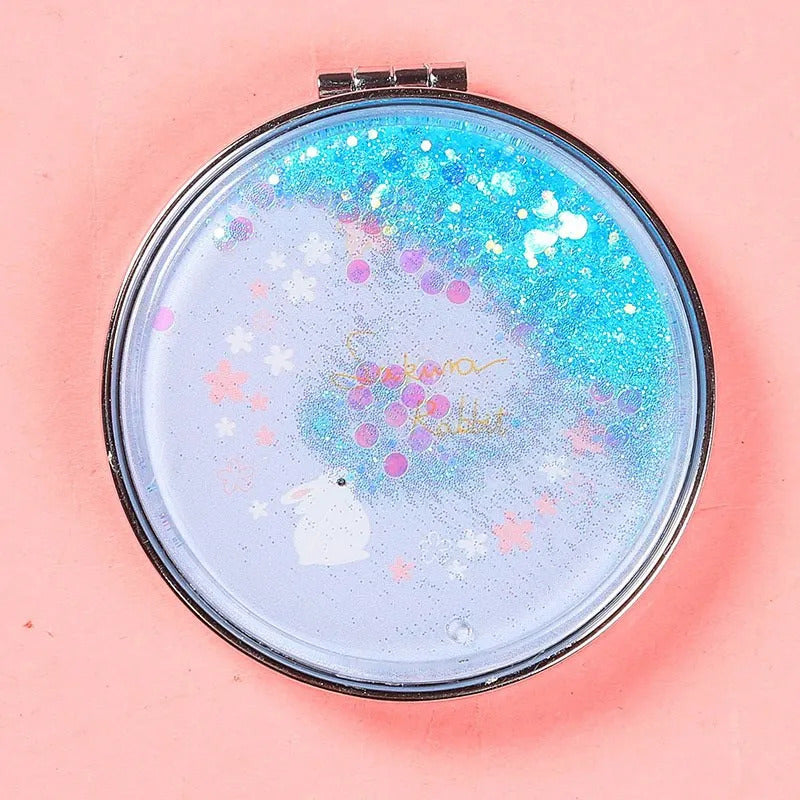 TSHOU924 Fashion 2-Face Mini Pocket Makeup Mirror Creative Cosmetic Compact Mirrors with Flowing Sparkling Sand Cartoon Pocket