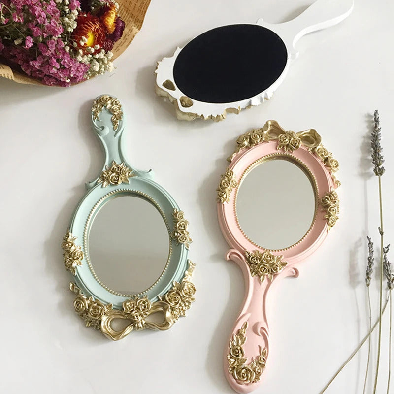 DSHOU332  European Palace Style Vintage Handheld Roses Mirror Princess Women Girls Oval Vanity Makeup Cosmetic Tool with Anti-Slip