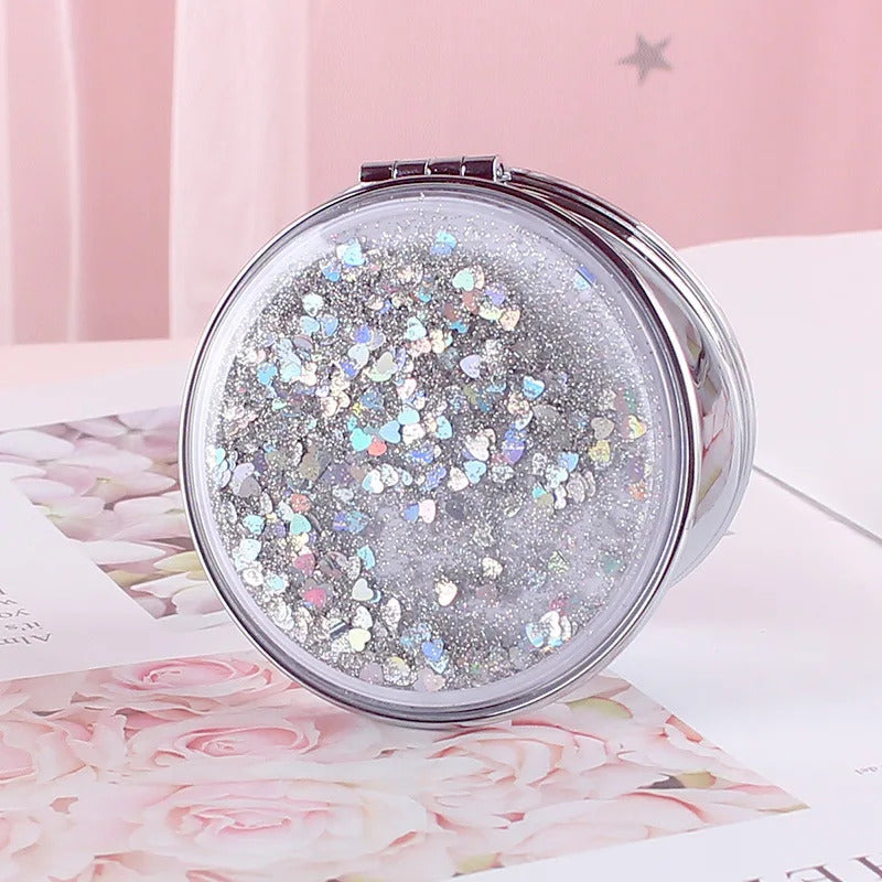 L260 Portable Double-Sided Folding Cosmetic Mirror Female Gifts With Flowing Sparkling Sand Mini Makeup Mirror Compact