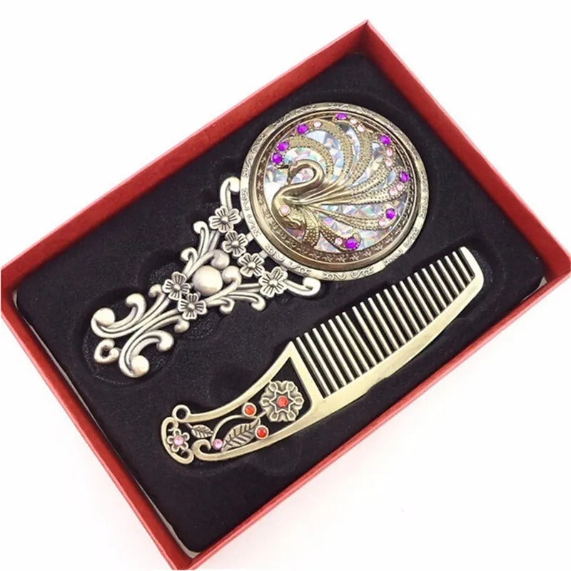 GU492  Women Chic Retro Vintage pocket Mirror Compact Makeup Mirrors Comb Set Hand Make Up Bronze Hollowed-Out Make Up