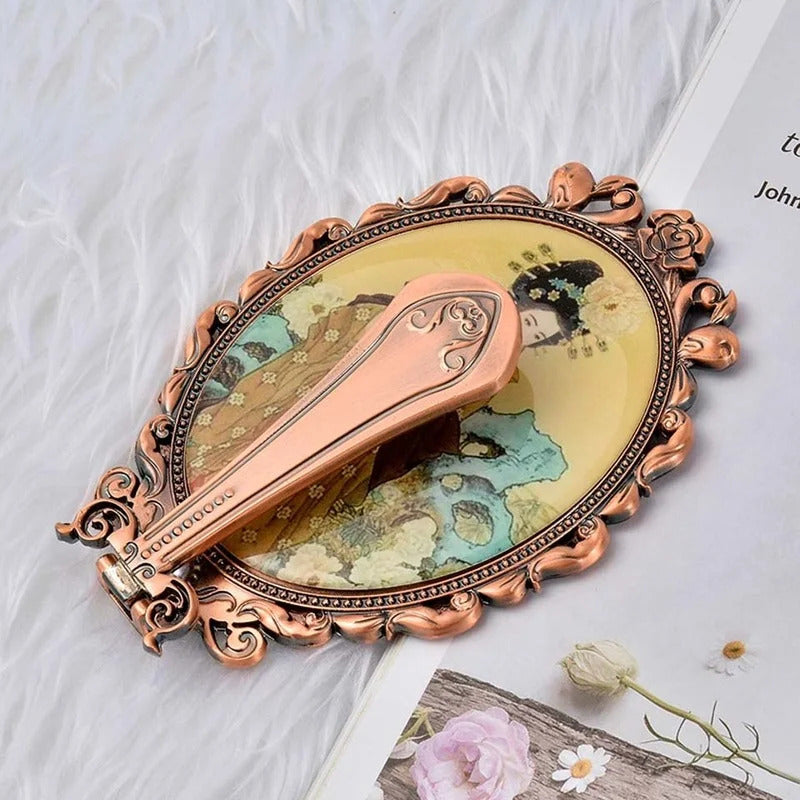 CX176 Foldable Desktop Princess Mirror Chinese Tang Dynasty Character Comb Suit Retro Portable Makeup Mirror Handle Mirror