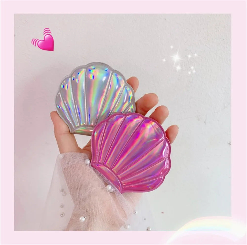 L323 Shell Shape Makeup Mirror 2X Magnifying Mirror Portable Vanity Foldable Laser Travel Pocket Mirror Cosmetic Hand Compac