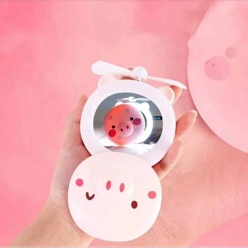 L660 Cartoon Cute Piggy Mini Cosmetic Mirror Compact Portable Pocket Makeup Mirrors Cooling Fan Light Handheld USB Recharge