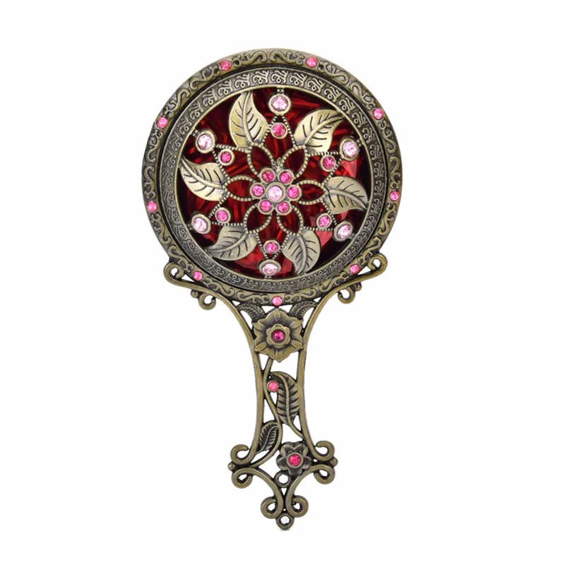 TSHOU990 Women Chic Retro Vintage pocket Mirror Compact Makeup Mirrors Comb Set Hand Make Up Bronze Hollowed-Out Make Up