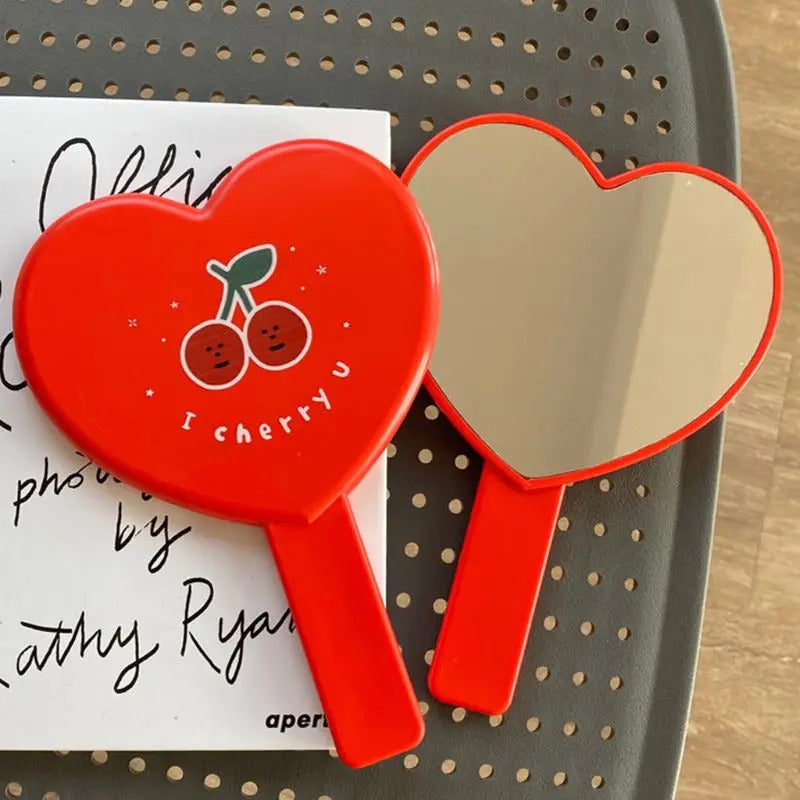 TSHOU989 Heart-Shaped Red Handheld Mirror Cartoon Cherry Vintage Cosmetic Makeup Tool