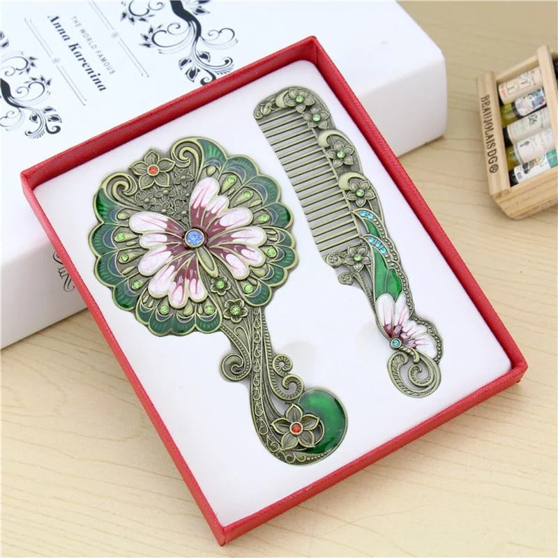 TSHOU575 Handle Mirror Comb Retro Euporen 3D Butterfly Pattern Portable Makeup Mirror Comb Set Princess Mirror