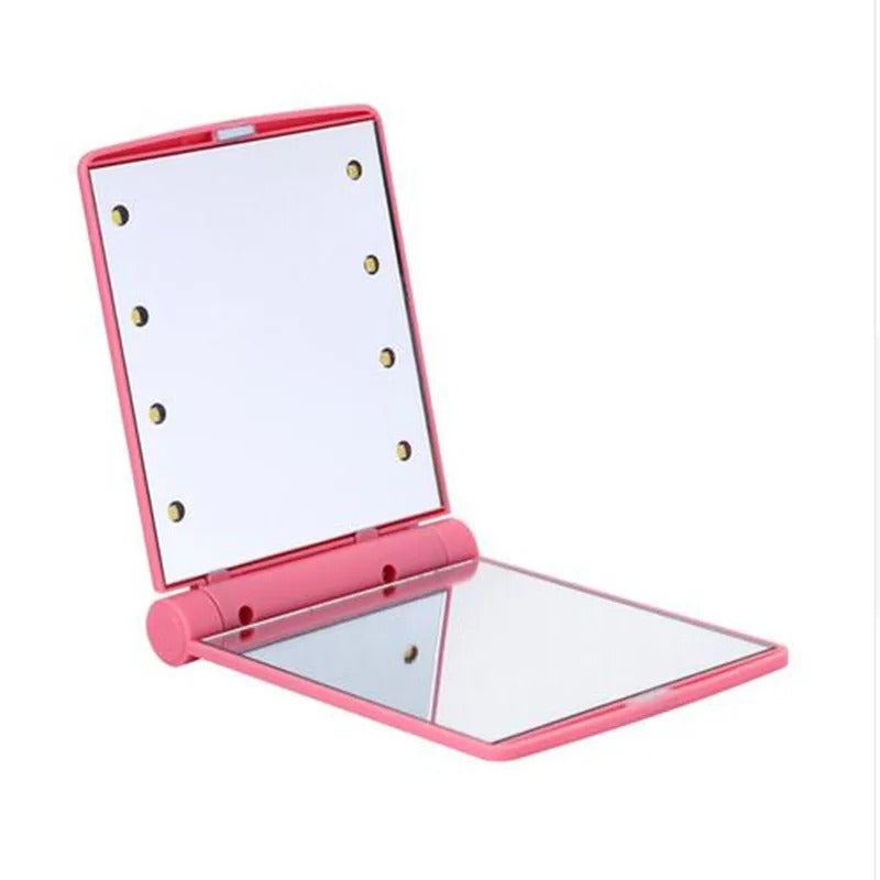 CASHOU54 1pcs 8 LED Lights Lamps Women Foldable Makeup Mirrors Lady Cosmetic Hand Folding Portable Compact Pocket Mirror