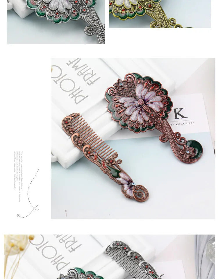 CSHOU380  Handle Mirror Comb Retro Euporen 3D Butterfly Pattern Portable Makeup Mirror Comb Set Princess Mirror