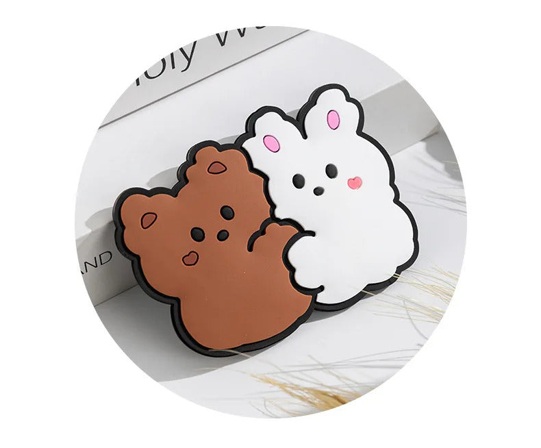 CX715  Portable Cute Mini Mirror Cartoon Little Rabbit Bear Pattern Gift for Little Girls Silicone Purse Mirror
