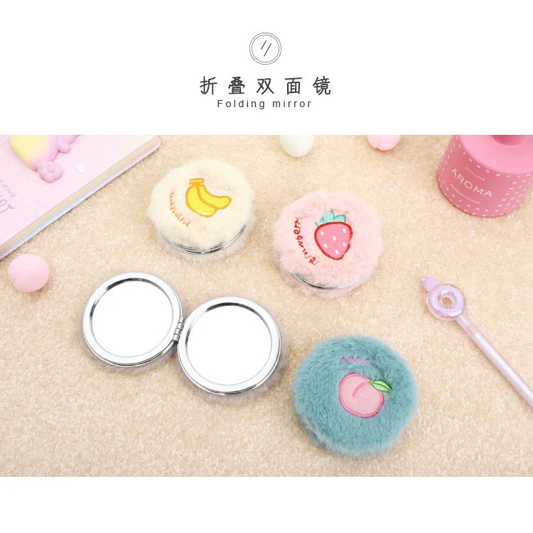 TSHOU865 Pocket Mirror Cartoon Fruit Animal Women Girls Plush Mini Round Folding Embroidery Random Color Portable Double SidE