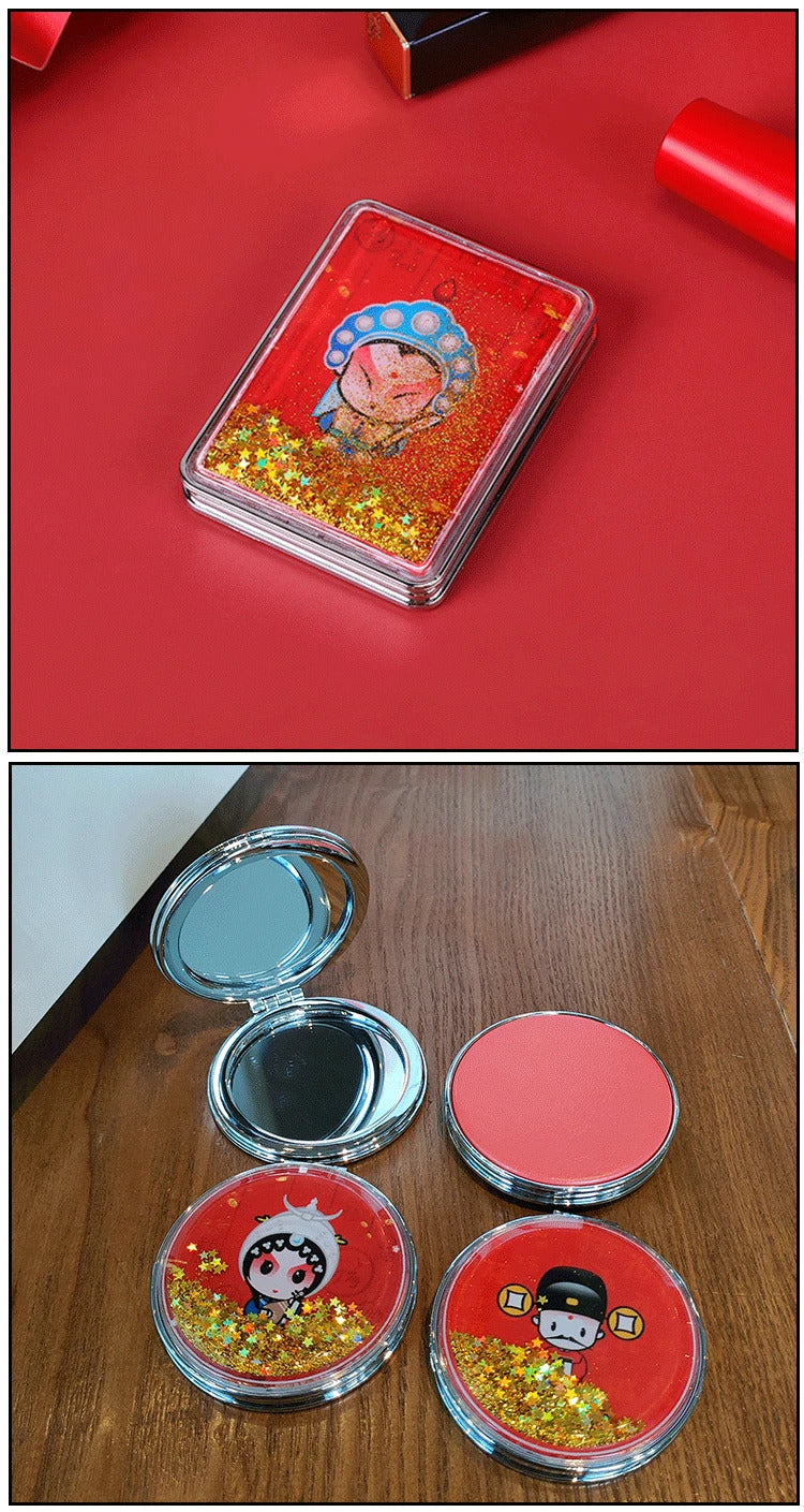 DSHOU185 Makeup Mirror Magnifying Quicksand Sequin Chinese Opera Doll Cartoon Pattern Portable Pocket
