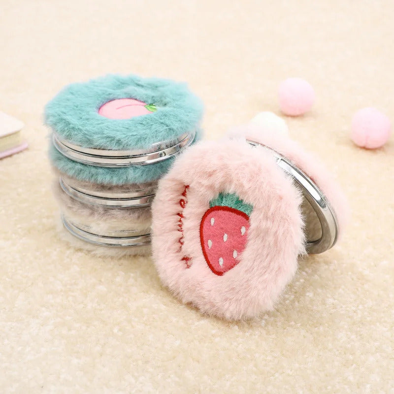 TSHOU865 Pocket Mirror Cartoon Fruit Animal Women Girls Plush Mini Round Folding Embroidery Random Color Portable Double SidE